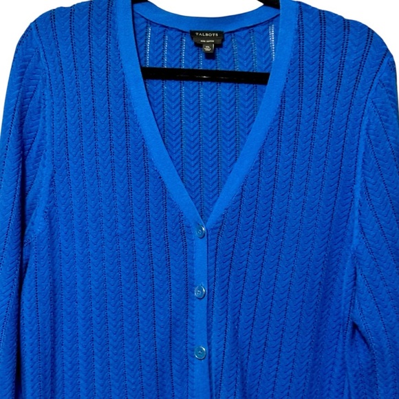 Talbots 100% Pima Cotton Lightweight Pointelle Long Sleeve Button Front Cardigan - Picture 3 of 12